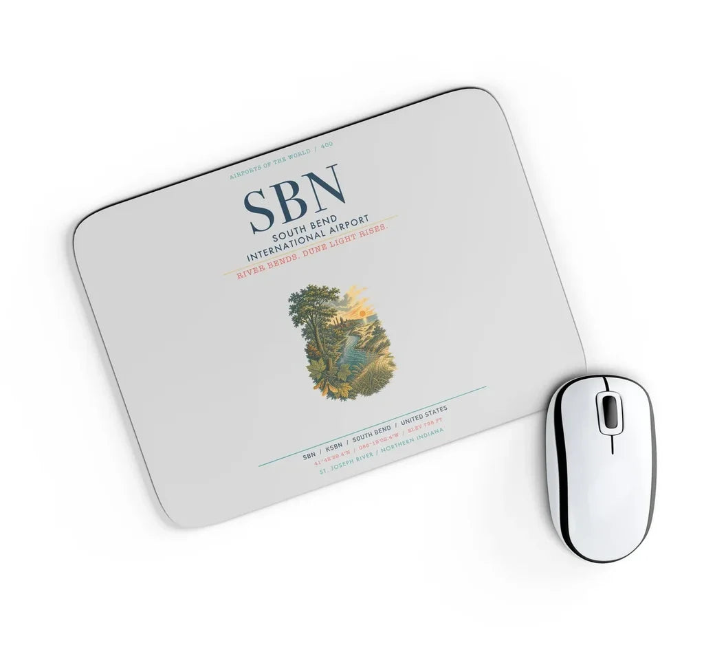 South Bend International Airport (SBN) design on light gray rectangle mouse pad