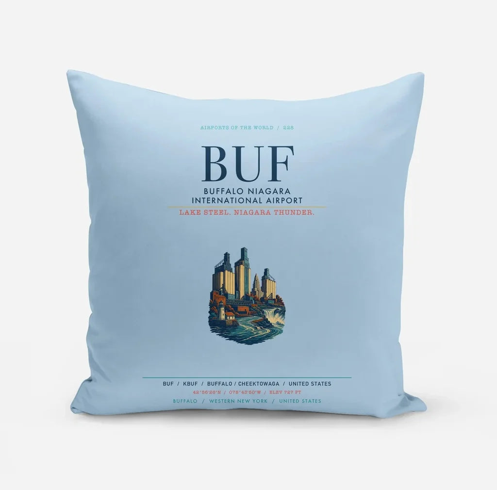 Buffalo Niagara International Airport (BUF) design on light blue pillow