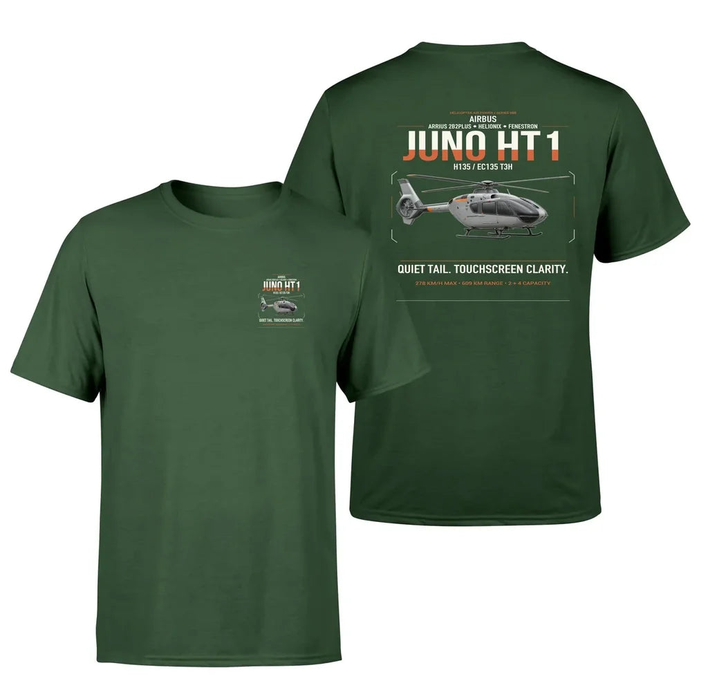 Airbus H135 Juno HT1 design on dark green t-shirt, double-side print