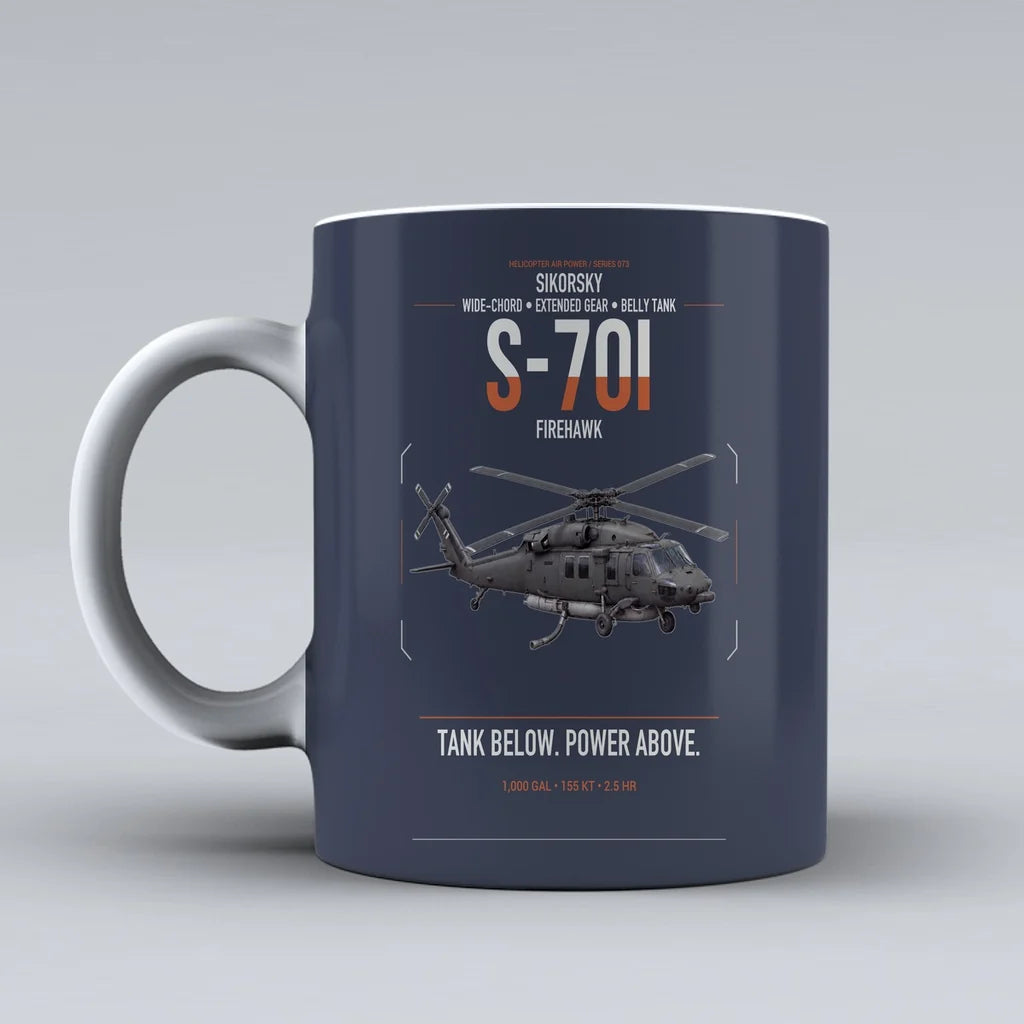 Sikorsky S-70i FIREHAWK design on dark blue ceramic mug, double-side print