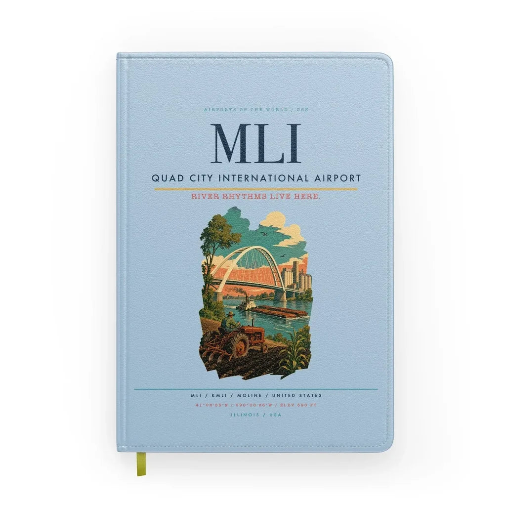Quad City International Airport (MLI) design on light blue notebook