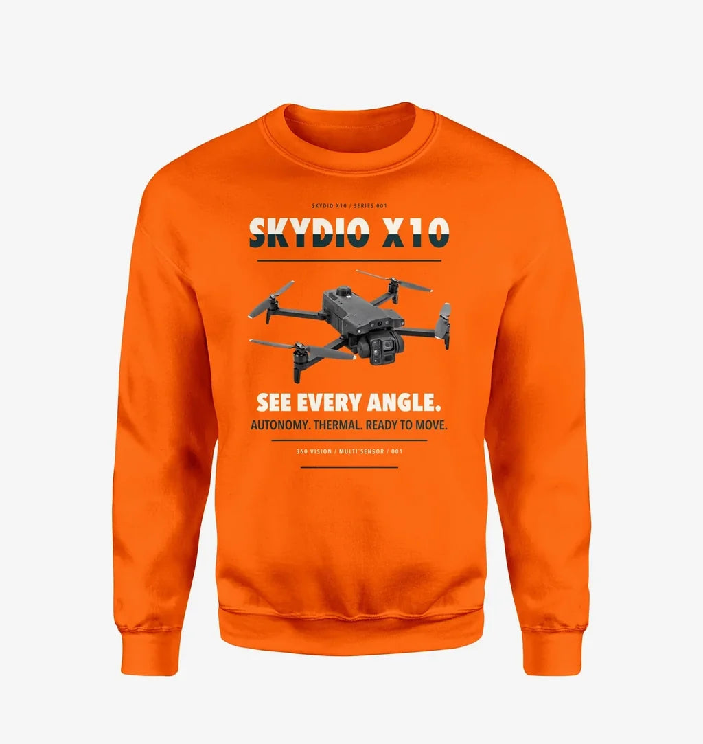Skydio X10 design on orange sweatshirt