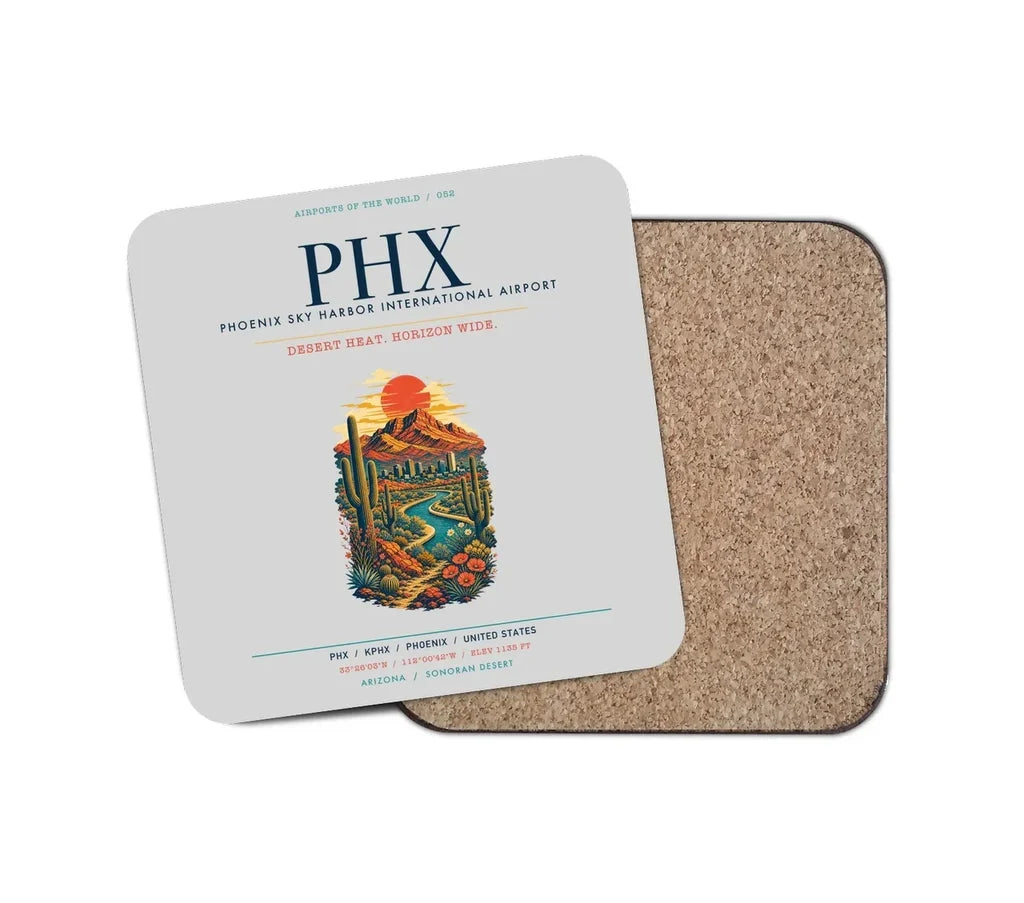 Phoenix Sky Harbor International Airport (PHX) design on light gray 1 piece coaster