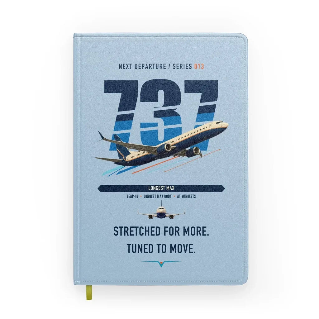 Boeing 737 MAX 10 design on light blue notebook