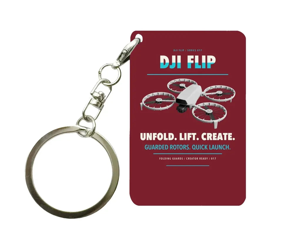 DJI Flip Key Chain design on dark red key chain