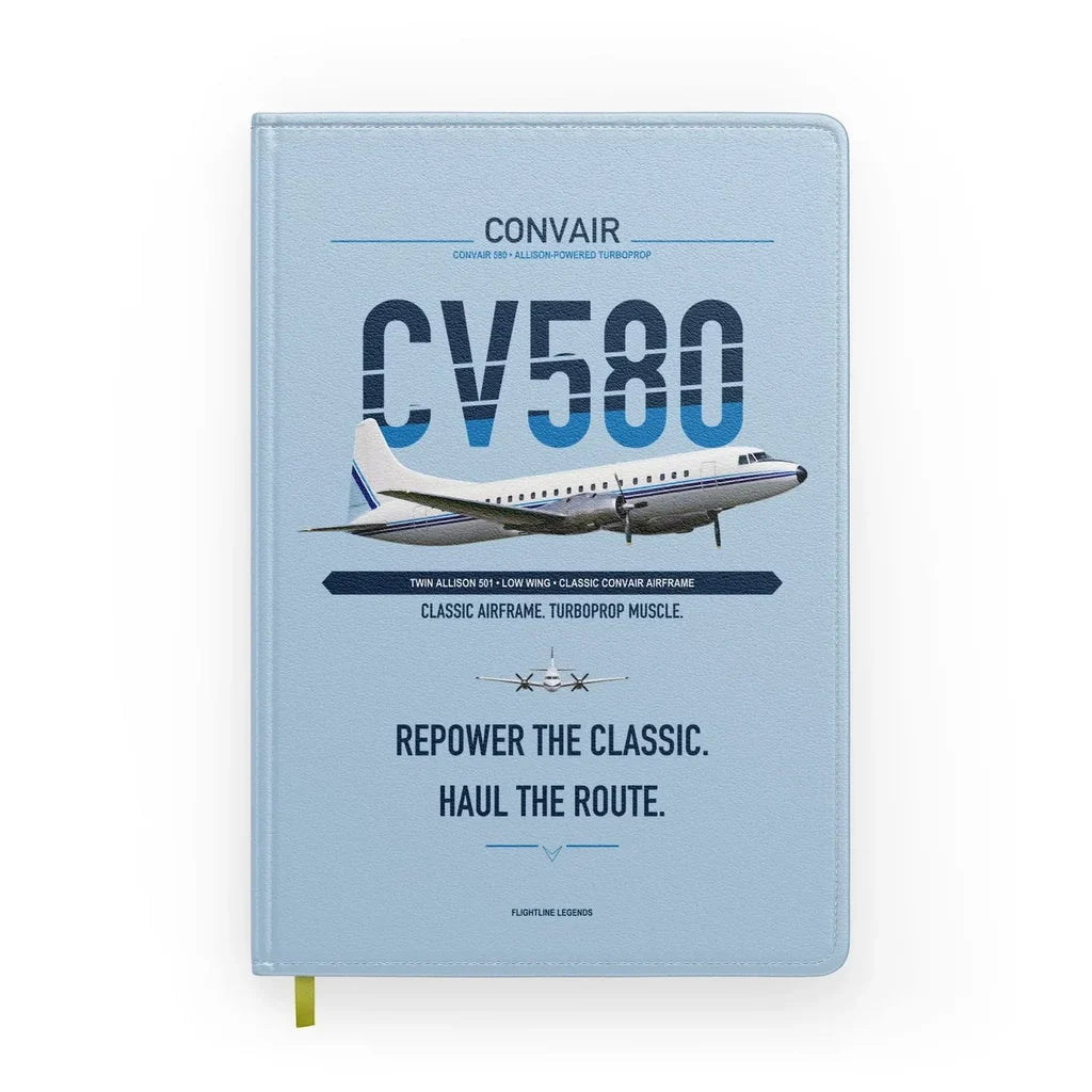 Convair 580 design on light blue notebook