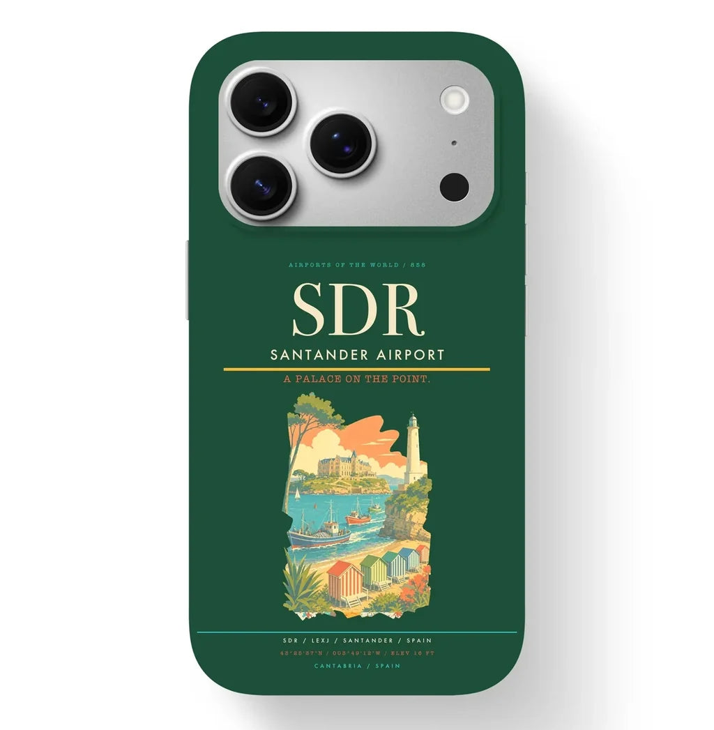 Santander Airport (SDR) design on dark green iPhone 17 Pro MagSafe case