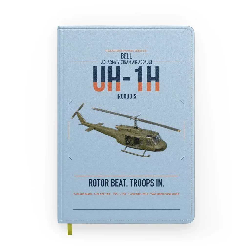 Bell UH-1H Iroquois design on light blue notebook