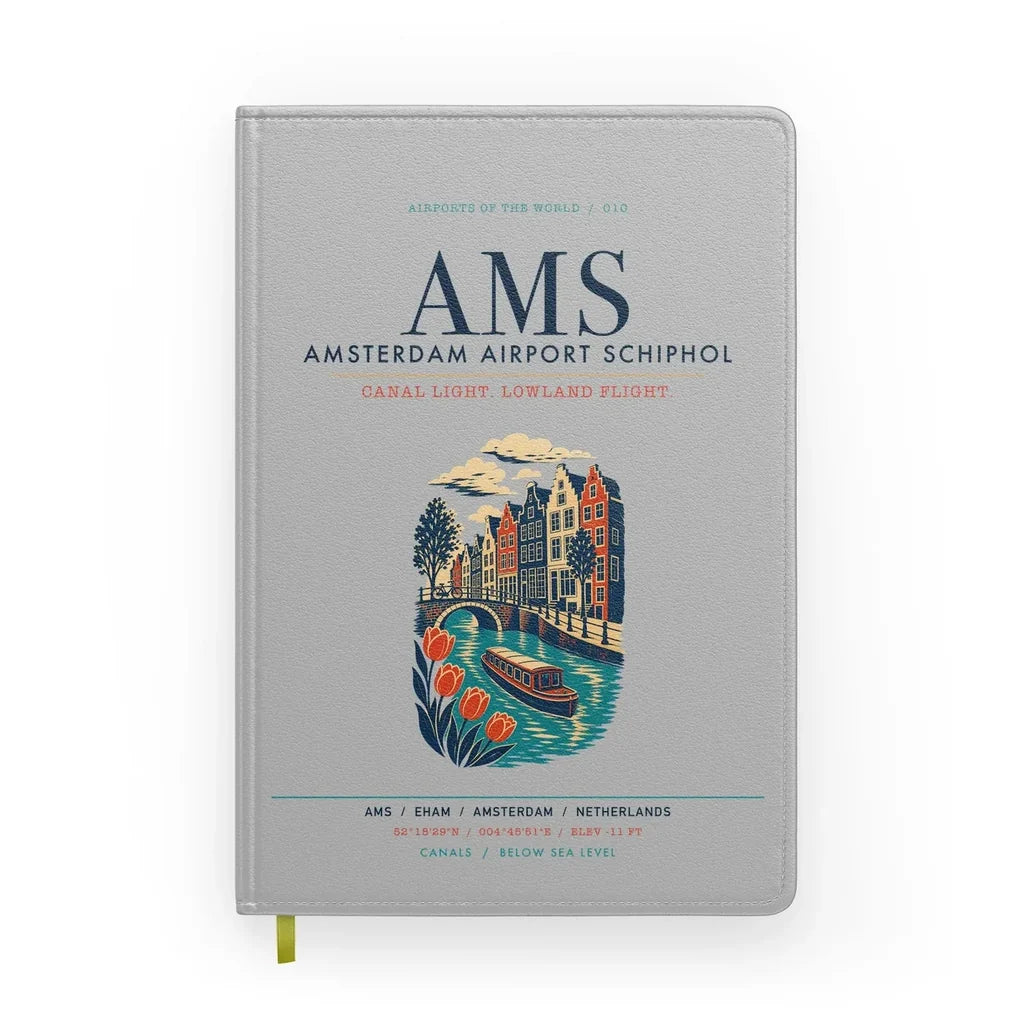 Amsterdam Airport Schiphol (AMS) design on light gray notebook