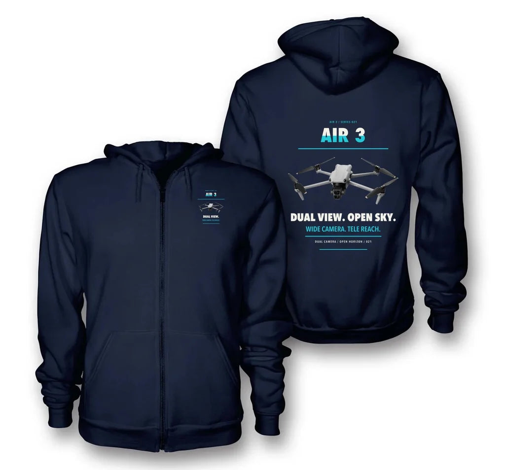 DJI Air 3 design on navy blue zipped hoodie