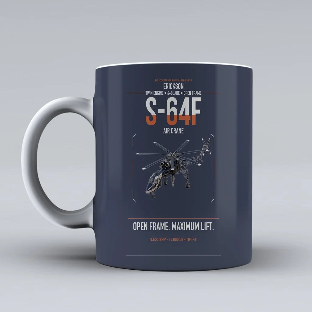 Erickson S-64F Air Crane design on dark blue ceramic mug, double-side print