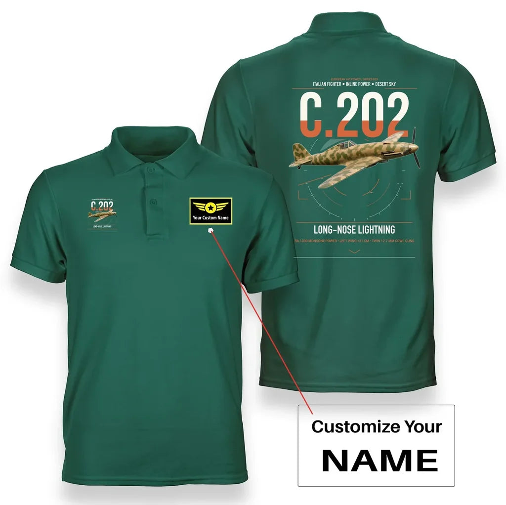Macchi C.202 Folgore design on green+name double-side polo t-shirt, double-side print