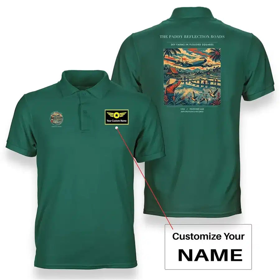 VINTAGE G4497 - The Paddy Reflection Roads - Double-Side Polo T-Shirt design on green+name