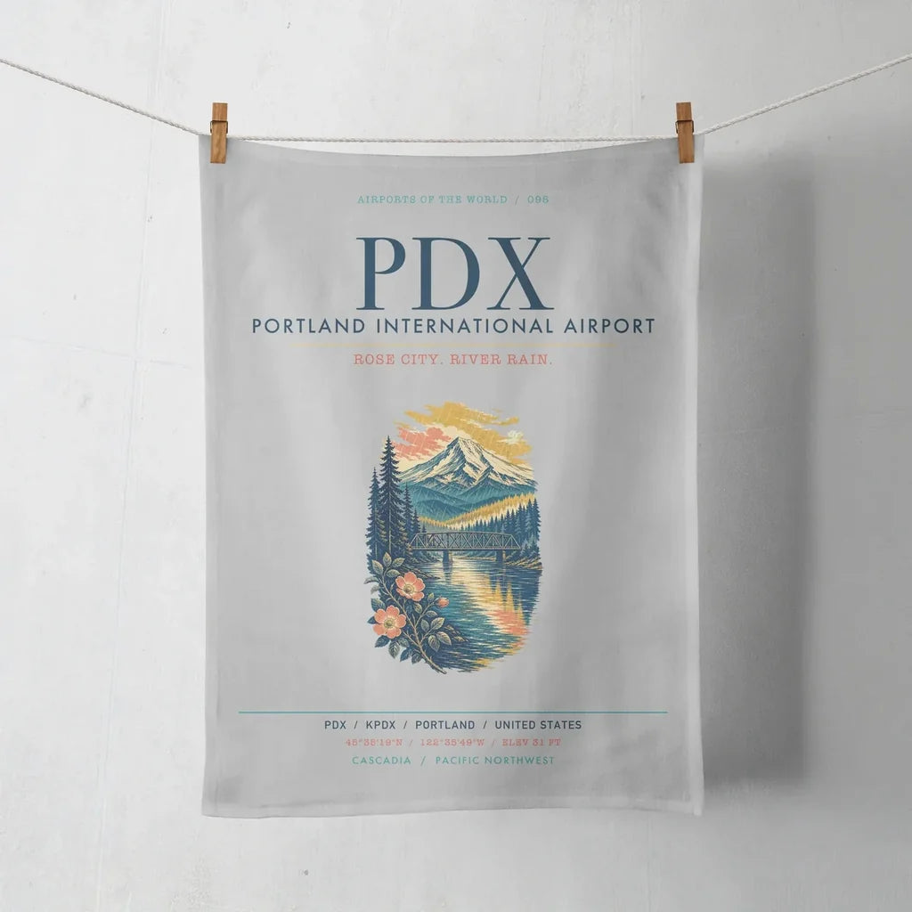 Portland International Airport (PDX) design on light gray towel