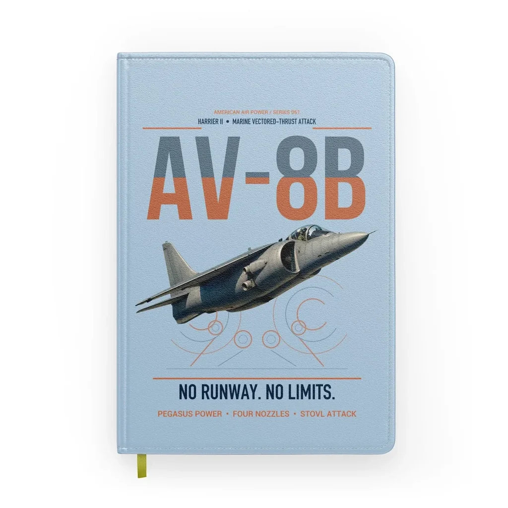 AV-8B Harrier II design on light blue notebook