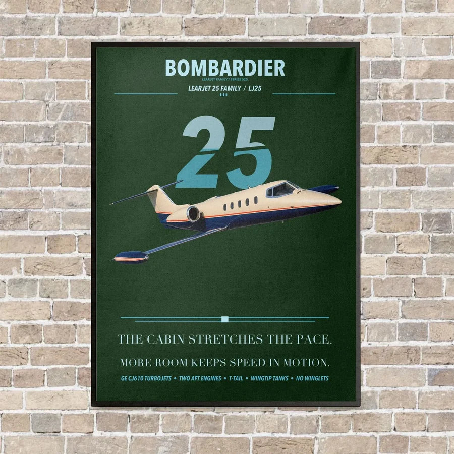Bombardier Learjet 25 vertical canvas print - framed - dark green background