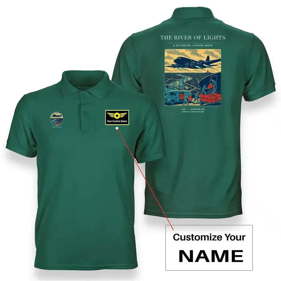 VINTAGE G4152 - The River Of Lights - Double-Side Polo T-Shirt design on green+name