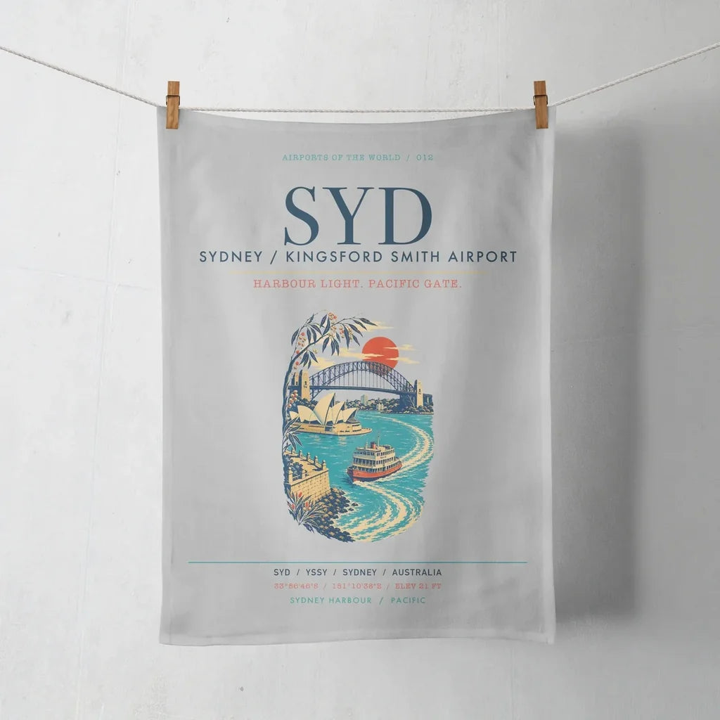 Sydney Kingsford Smith Airport (SYD) design on light gray towel