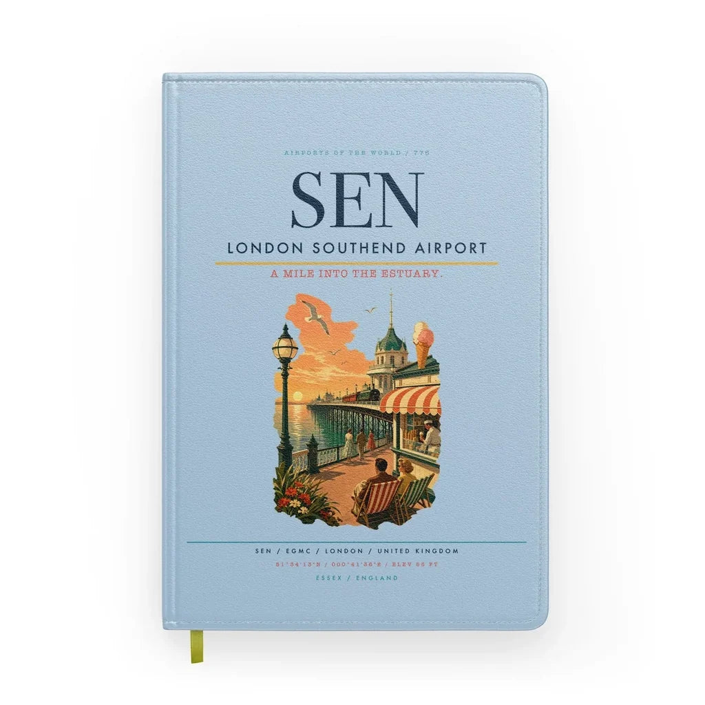 London Southend Airport (SEN) design on light blue notebook
