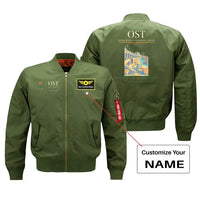 Thumbnail for Ostend-Bruges International Airport (OST) design on green bomber jacket with custom name patch
