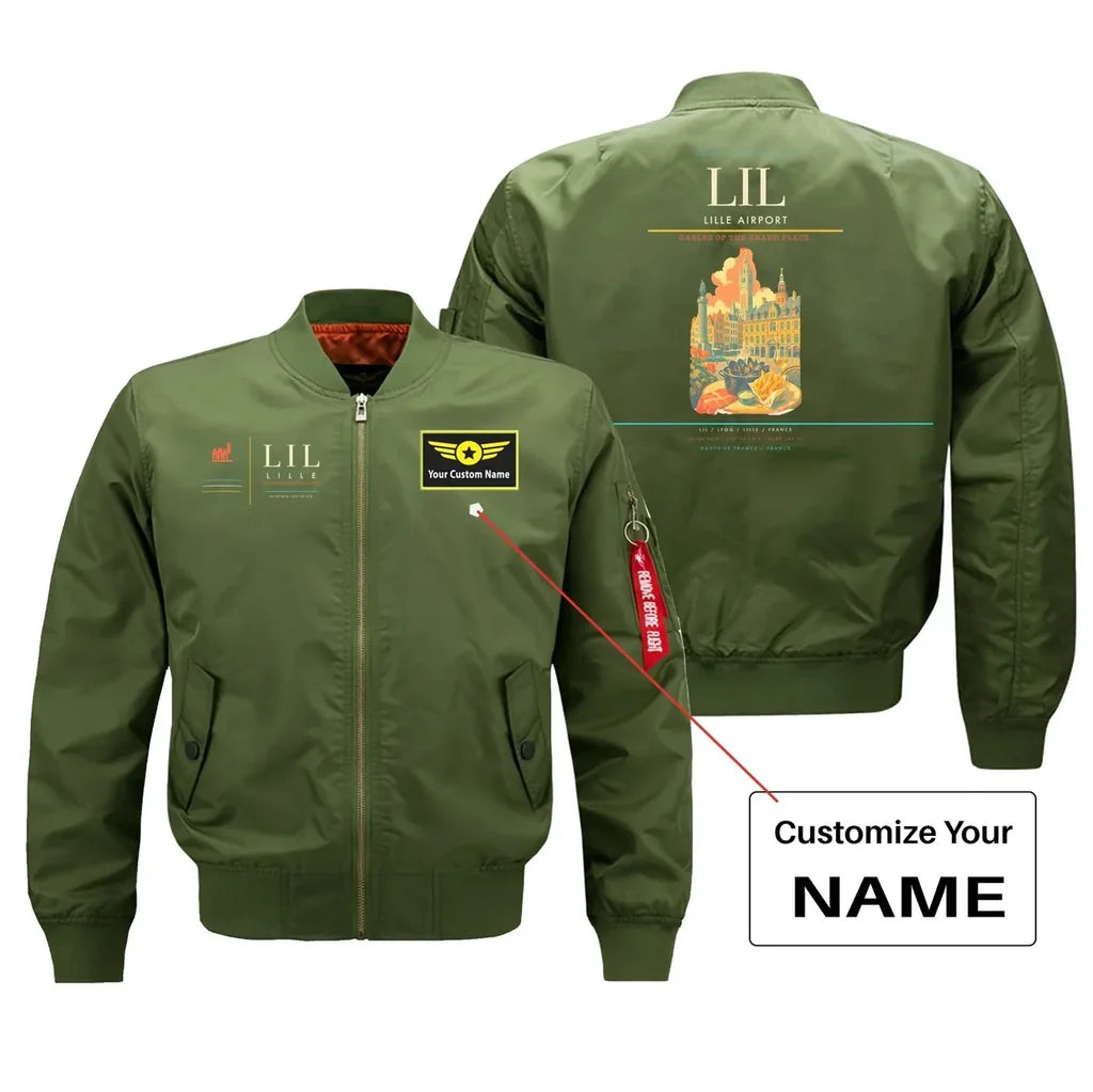 Lille Airport (LIL) design on green bomber jacket with custom name patch