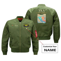 Thumbnail for Kamloops Airport (YKA) design on green bomber jacket with custom name patch