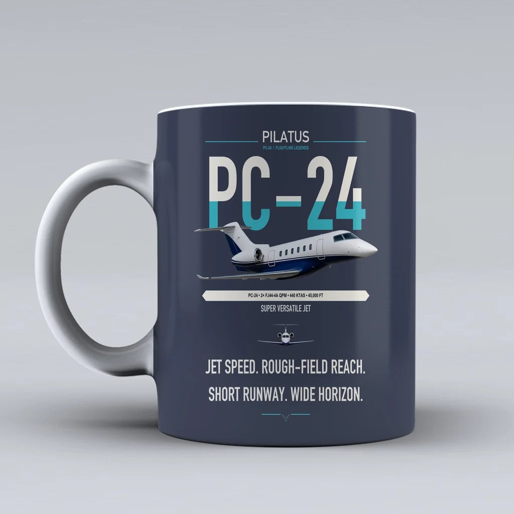 Pilatus PC-24 design on dark blue ceramic mug, double-side print