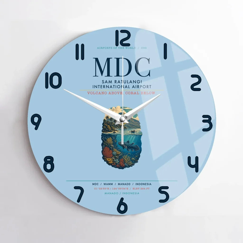 Sam Ratulangi International Airport Manado (MDC) design on light blue no frame wall clock