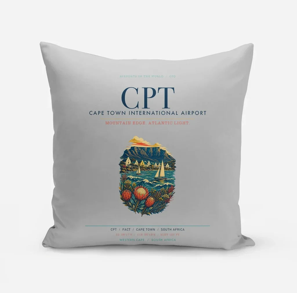 Cape Town International Airport (CPT) design on light gray pillow