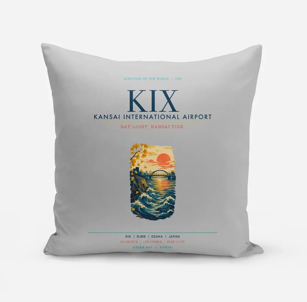 Osaka Kansai International Airport (KIX) design on light gray pillow