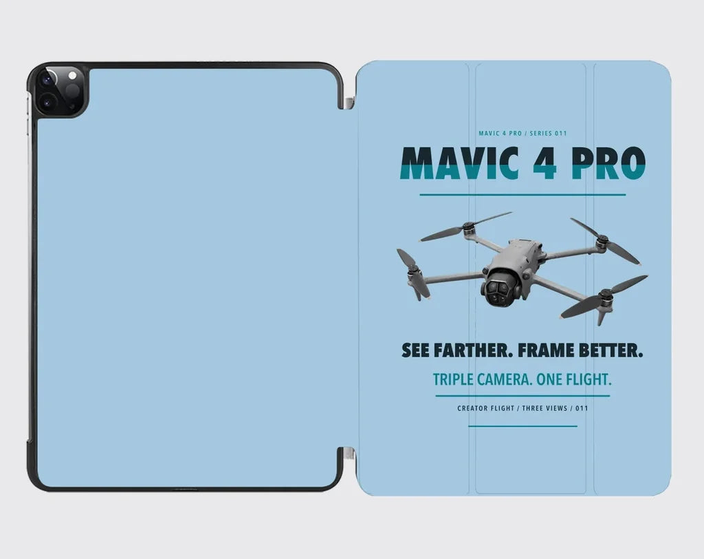 DJI Mavic 4 Pro design on light blue ipad tablet case