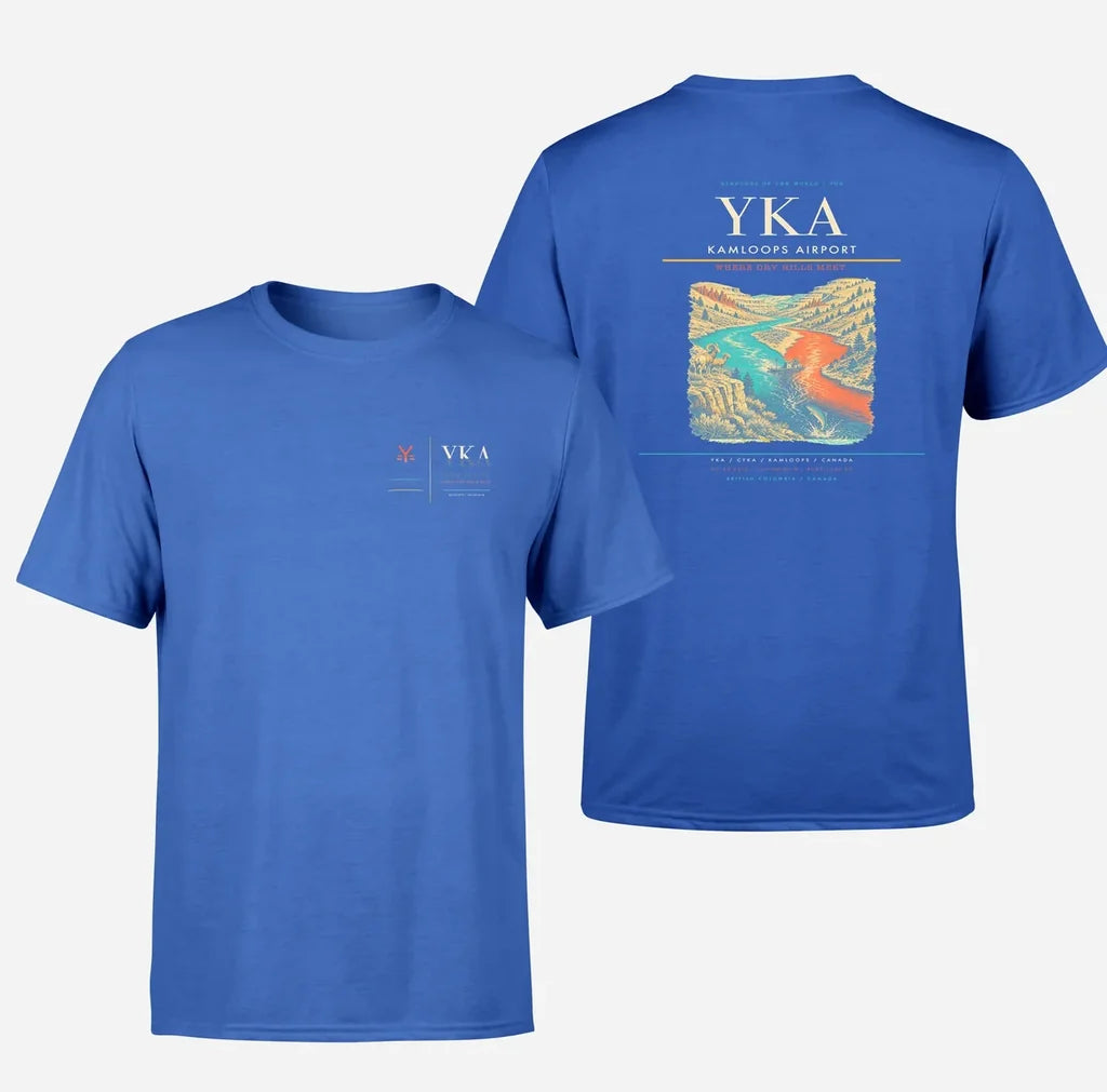Kamloops Airport (YKA) design printed on blue double-side t-shirt