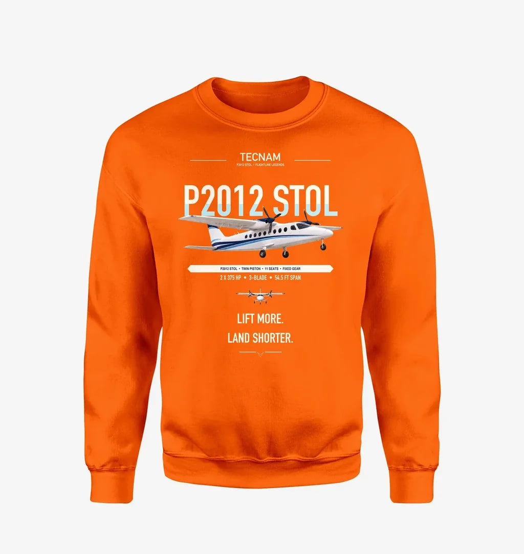 Tecnam P2012 STOL design on orange sweatshirt