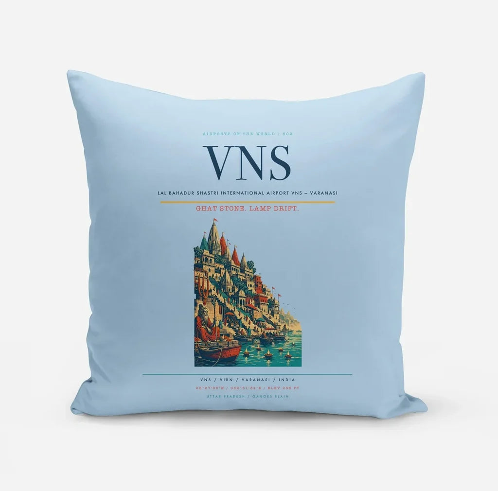 Lal Bahadur Shastri International Airport (VNS) design on light blue pillow