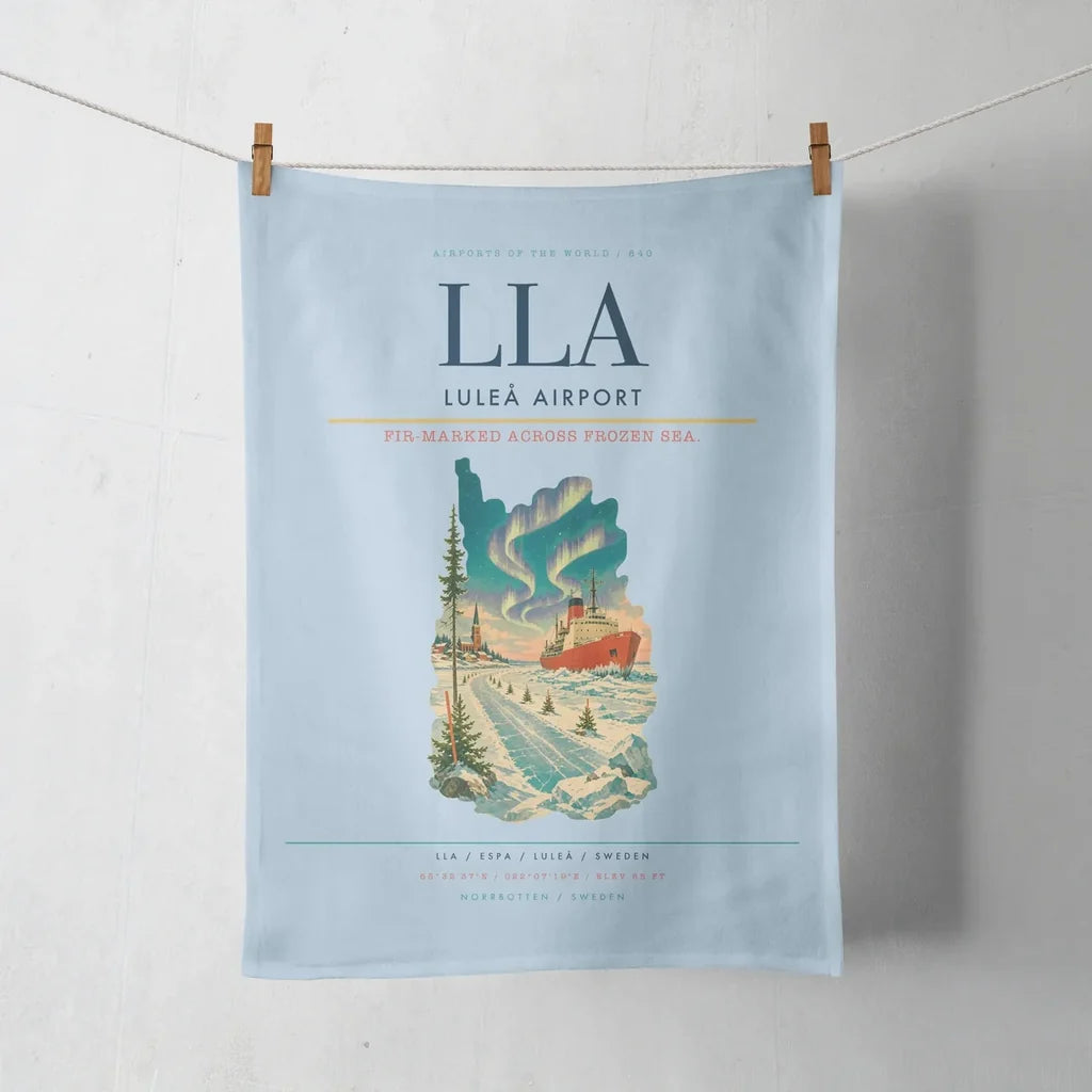 Luleå Airport (LLA) design on light blue towel