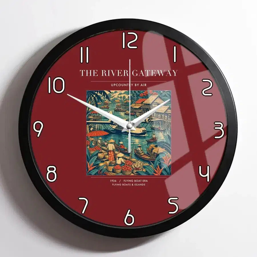 VINTAGE G4066 - The River Gateway - Designed Wall Clocks design on darkred framed