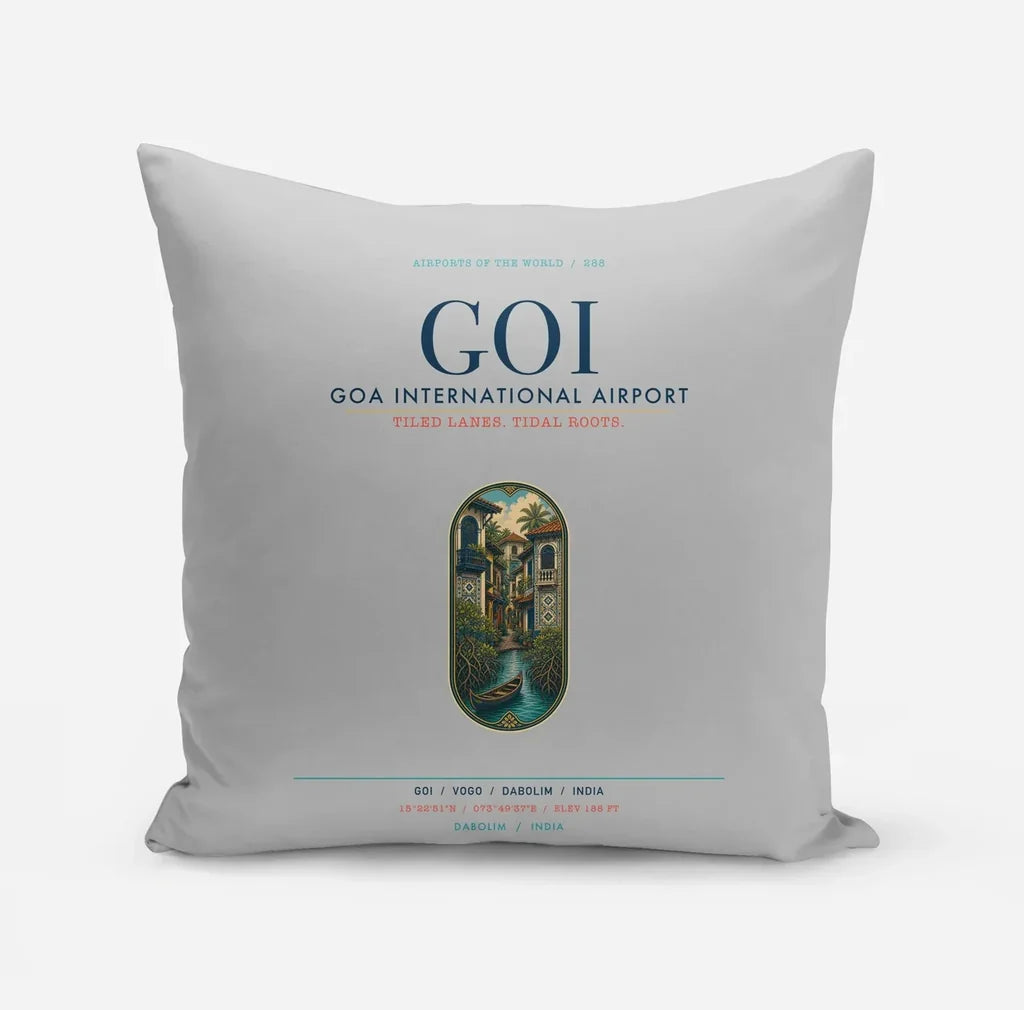 Goa International Airport Dabolim (GOI) design on light gray pillow