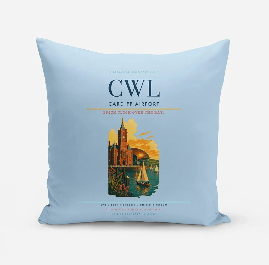 Cardiff Airport (CWL) design on light blue pillow