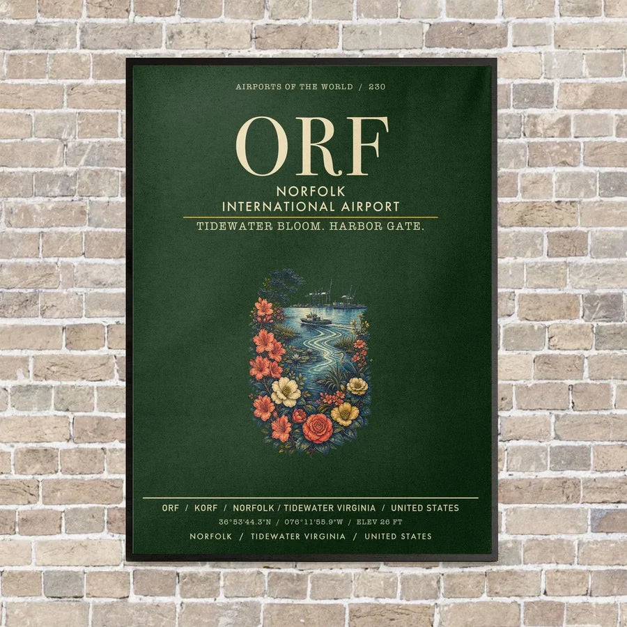 Norfolk International Airport ORF vertical canvas print - framed - dark green background
