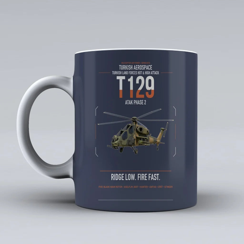 Turkish Aerospace T129 ATAK Phase 2 design on dark blue ceramic mug, double-side print