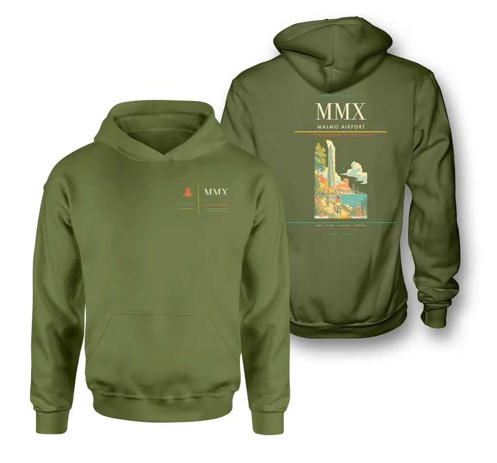 Malmo Airport (MMX) design on green army double-side hoodie