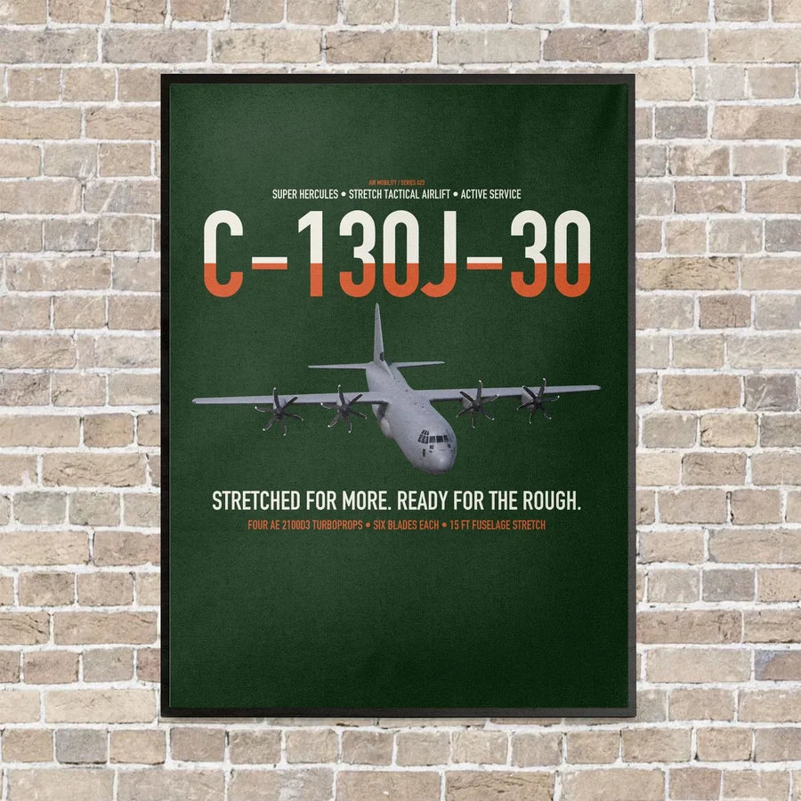 C-130J-30 Super Hercules vertical canvas print - framed - dark green background