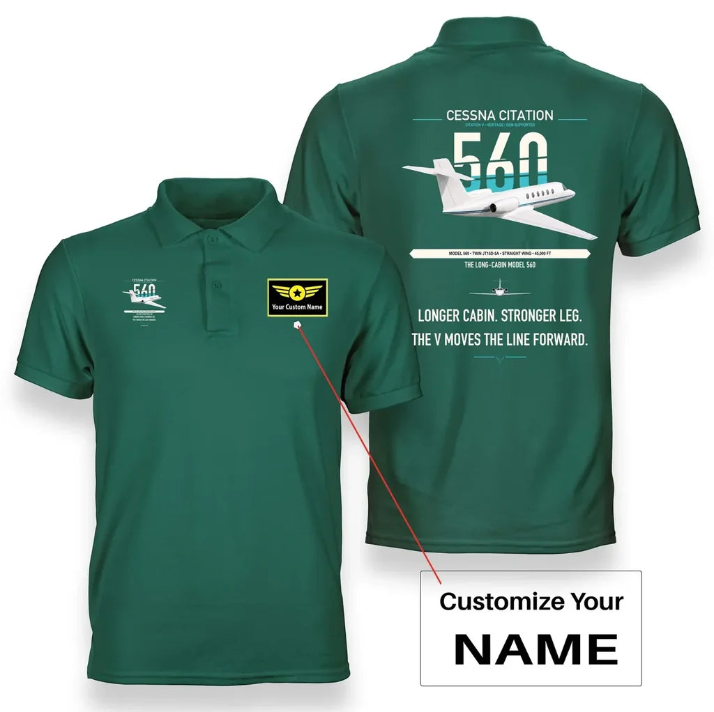 Cessna Citation 560 - Citation V design on green+name double-side polo t-shirt, double-side print