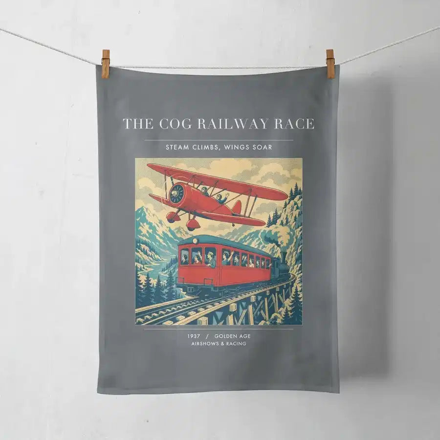 VINTAGE G4347 - The Cog Railway Race - Designed Towels design on gray
