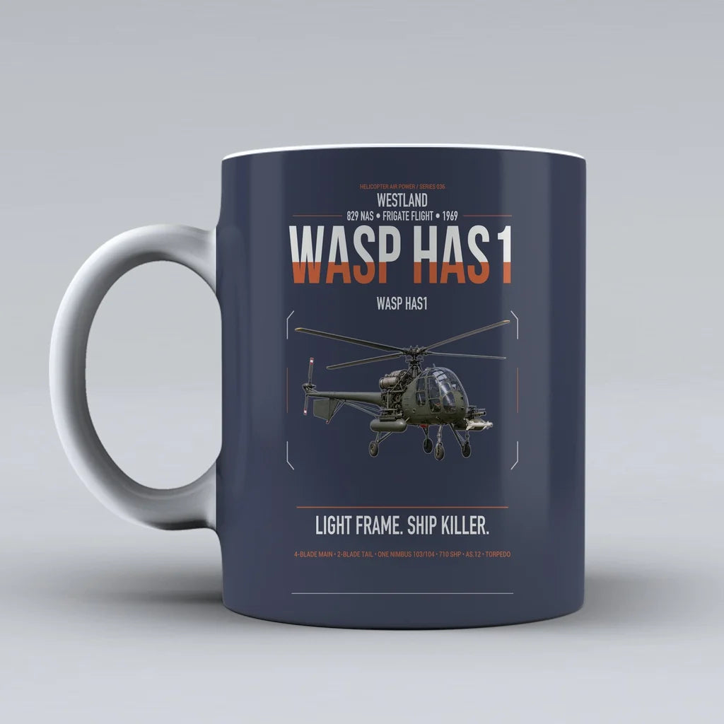 Westland Wasp HAS1 design on dark blue ceramic mug, double-side print