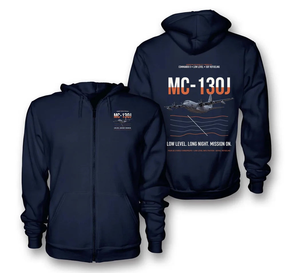 MC-130J COMMANDO II design on navy blue premium zipped hoodie, double-side print
