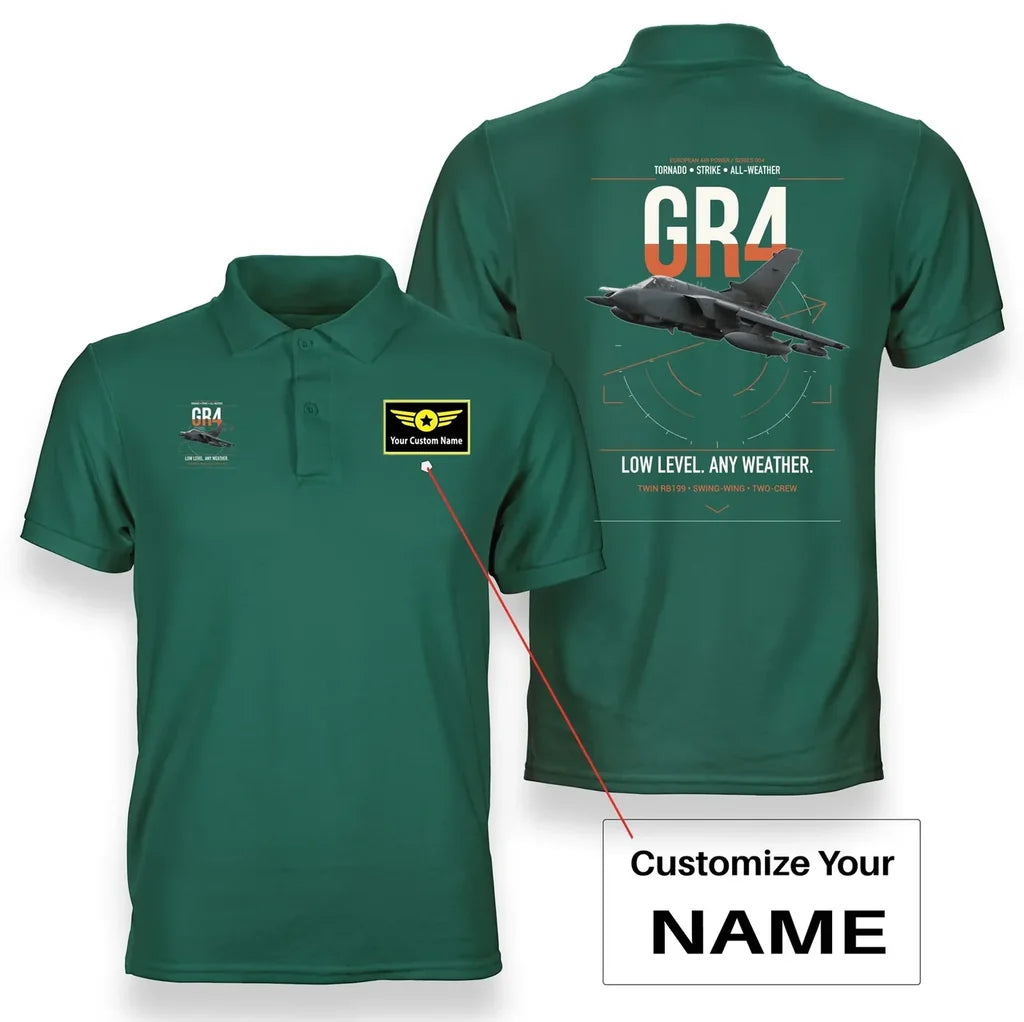 Panavia Tornado GR4 design on green+name double-side polo t-shirt, double-side print