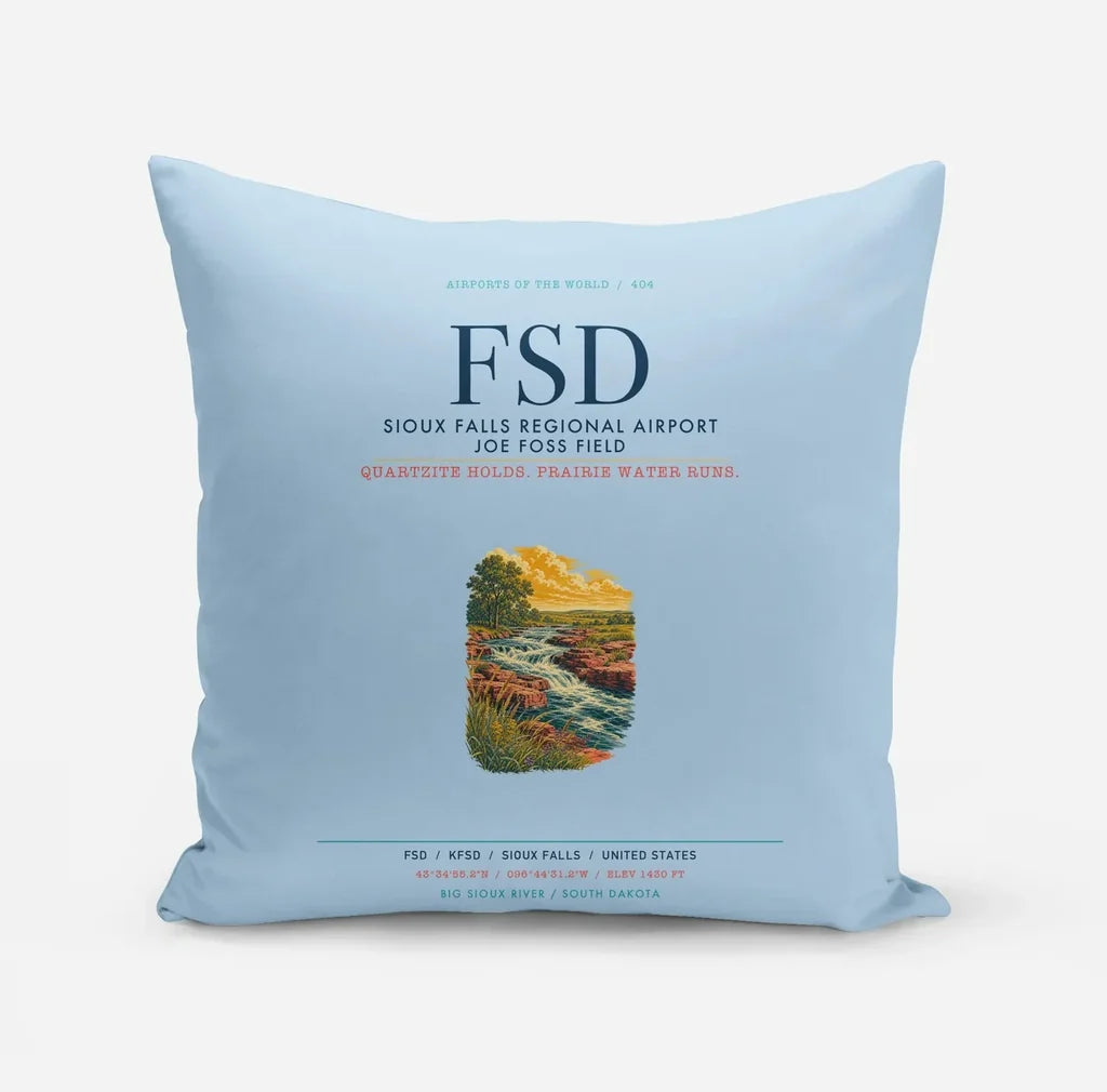 Sioux Falls Regional Airport Joe Foss Field (FSD) design on light blue pillow