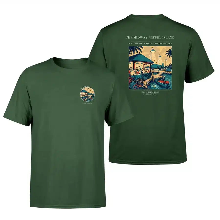 VINTAGE G4309 - The Midway Refuel Island - Double-Side T-Shirt design on darkgreen double side t shirt