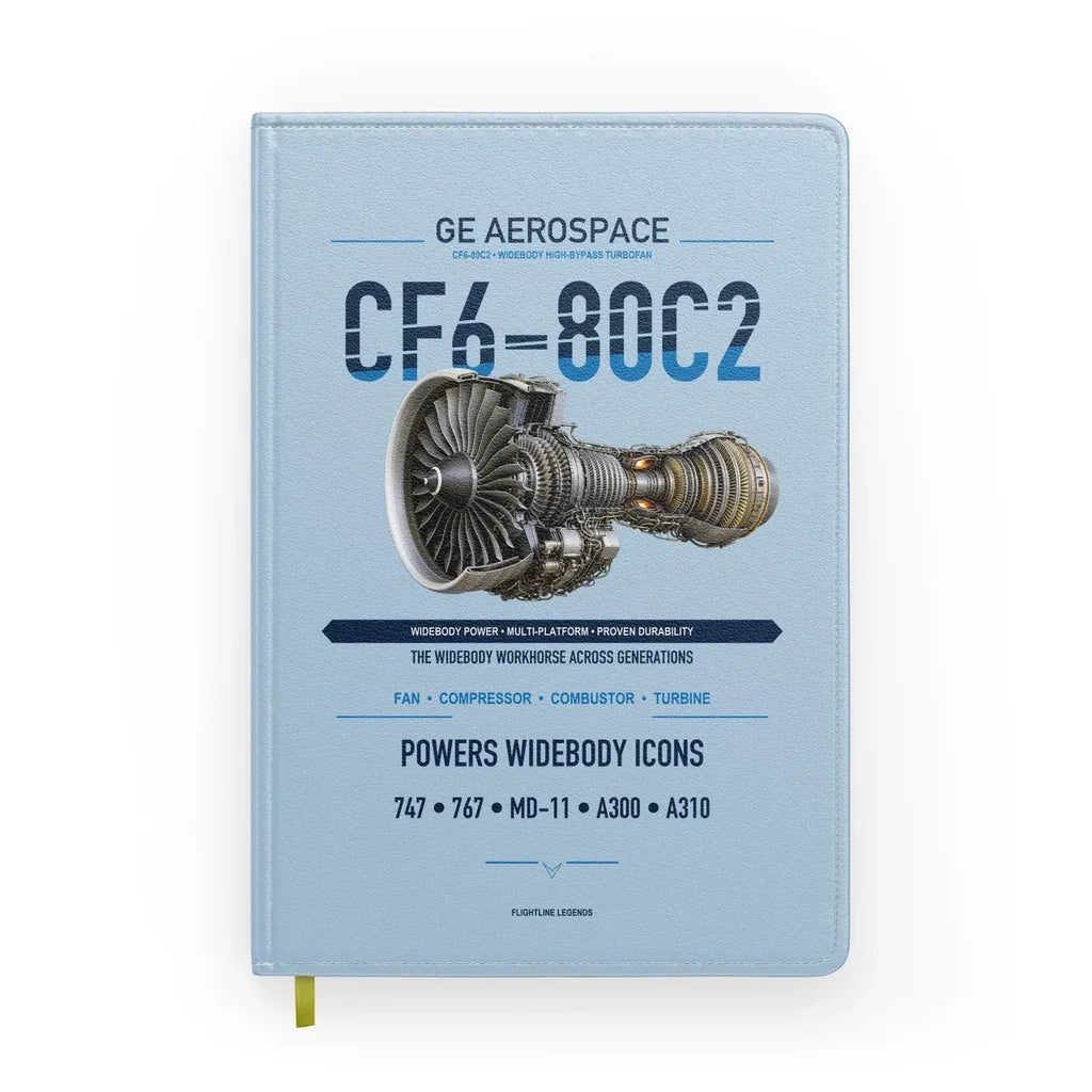 CF6-80C2 design on light blue notebook